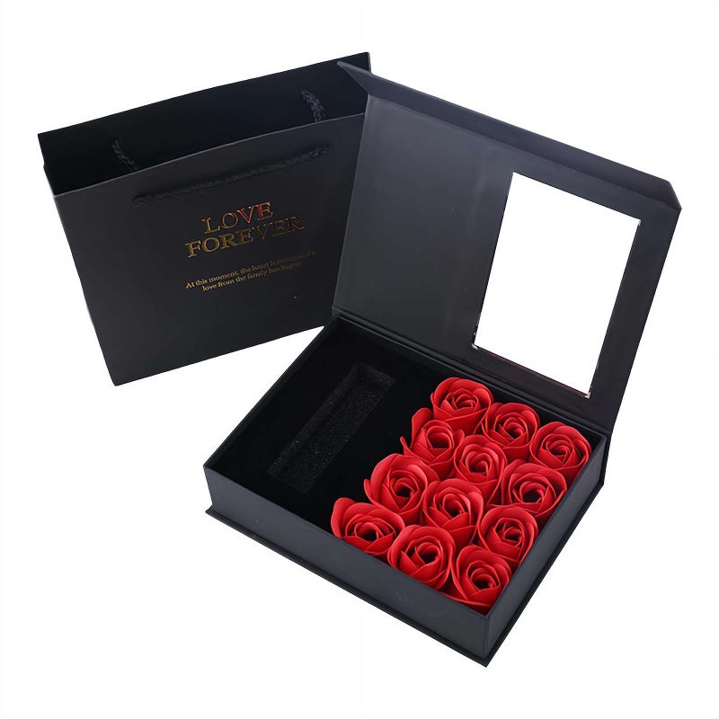 Valentine's Day Rose Jewelry Box Preserved Flower Roses Box,Ringbox with 12pcs Soap Eternal Rose Necklaces Boxes,Romantic Gift Boxes for Mom Her Valentines Day Wedding Party Supply (lipstick red) - Image 1